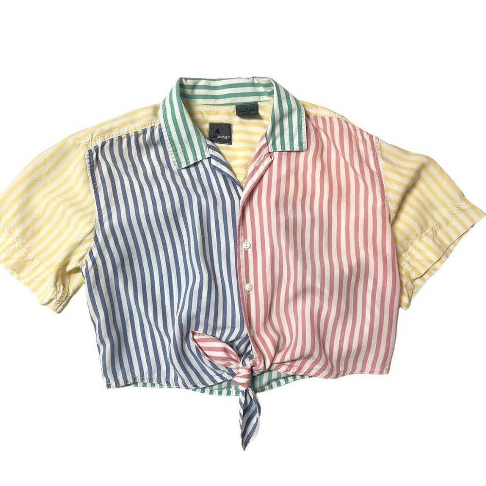 Vtg Crop Top Medium Color Block Striped Tie Front 90s Beachy Preppy Retro Y2K